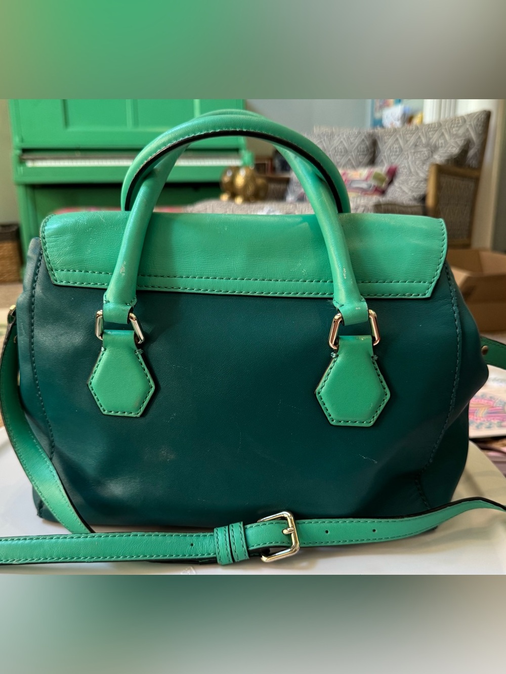 Kate Spade Catherine Street Joanie Emerald Green Colorblock Leather Satchel - Picture 2 of 3